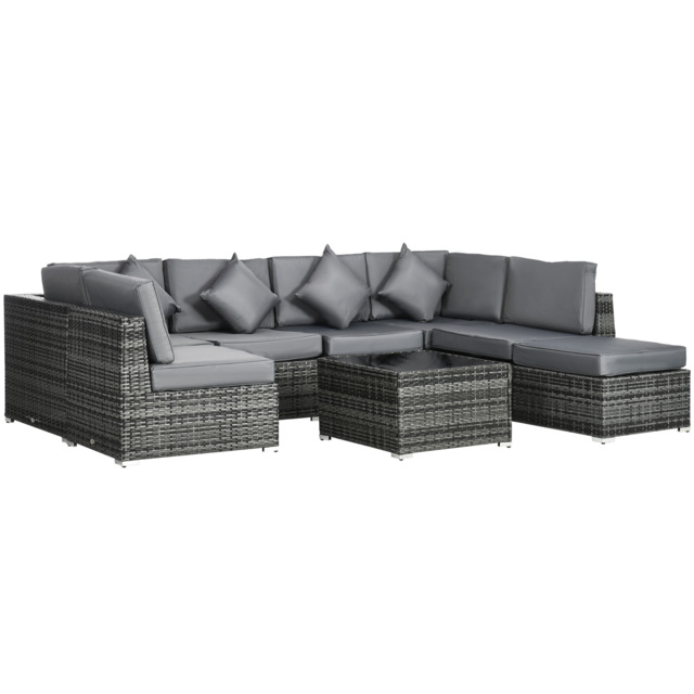 Outsunny 8 Pieces PE Rattan Corner Sofa Set Garden Furniture Set Patio Wicker Sofa Seater w/ Cushion Washable Cushion Cover Tempered Glass Table Grey - image 1