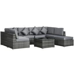 Outsunny 8 Pieces PE Rattan Corner Sofa Set Garden Furniture Set Patio Wicker Sofa Seater w/ Cushion Washable Cushion Cover Tempered Glass Table Grey - thumbnail 1