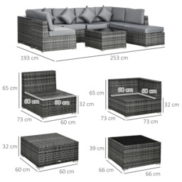 Outsunny 8 Pieces PE Rattan Corner Sofa Set Garden Furniture Set Patio Wicker Sofa Seater w/ Cushion Washable Cushion Cover Tempered Glass Table Grey - thumbnail 3