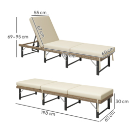 Outsunny Single Folding Rattan Sun Lounger, with Cushion - Grey - thumbnail 3