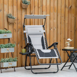 Outsunny Zero Gravity Garden Loungers, Folding Reclining Patio Chair with Shade Cover, Cup Holder and Headrest for Poolside, Camping, Grey - Aosom UK - thumbnail 2