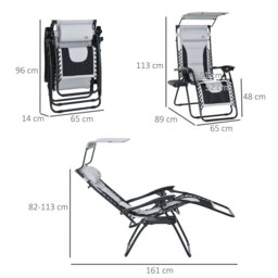 Outsunny Zero Gravity Garden Loungers, Folding Reclining Patio Chair with Shade Cover, Cup Holder and Headrest for Poolside, Camping, Grey - Aosom UK - thumbnail 3