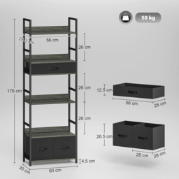 HOMCOM Industrial Bookcase, 6-Tier Tall Bookshelf with 3 Fabric Drawers - Grey - thumbnail 3