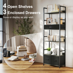 HOMCOM Industrial Bookcase, 6-Tier Tall Bookshelf with 3 Fabric Drawers - Grey - thumbnail 4