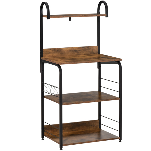 HOMCOM 4-Tier Baker's Rack, Microwave Stand with 4 Hooks, Kitchen Storage Unit for Spices, Pots and Pans, Rustic Brown - image 1