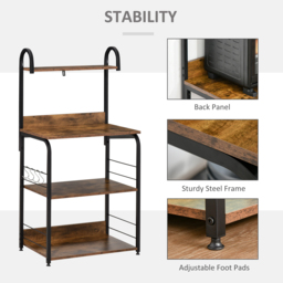 HOMCOM 4-Tier Baker's Rack, Microwave Stand with 4 Hooks, Kitchen Storage Unit for Spices, Pots and Pans, Rustic Brown - thumbnail 6