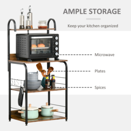 HOMCOM 4-Tier Baker's Rack, Microwave Stand with 4 Hooks, Kitchen Storage Unit for Spices, Pots and Pans, Rustic Brown - thumbnail 4