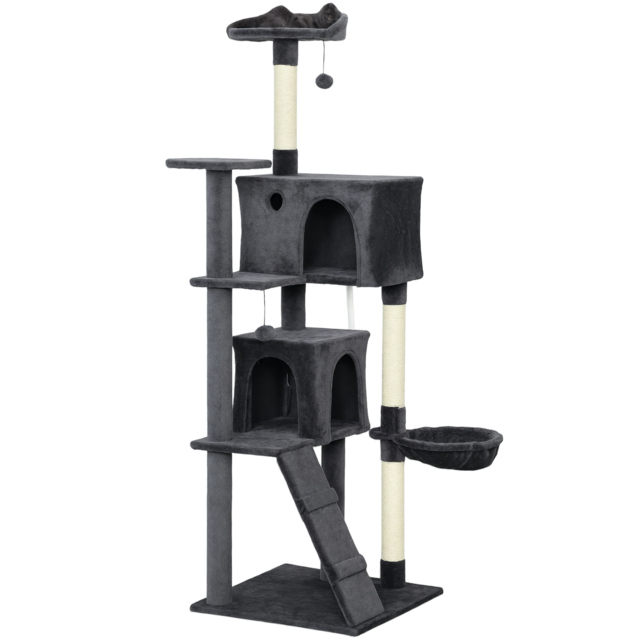 PawHut 180cm Large Cat Tree Tower with Sisal Scratching Posts, Condos, Plush Perches, Hammock, Ladder, Dark Grey - image 1