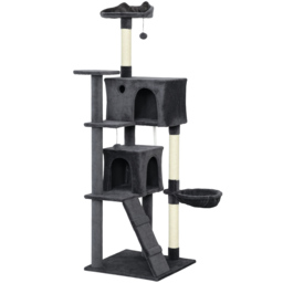 PawHut 180cm Large Cat Tree Tower with Sisal Scratching Posts, Condos, Plush Perches, Hammock, Ladder, Dark Grey - thumbnail 1
