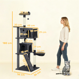 PawHut 180cm Large Cat Tree Tower with Sisal Scratching Posts, Condos, Plush Perches, Hammock, Ladder, Dark Grey - thumbnail 3