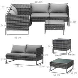 Outsunny 4pc All Weather Outdoor Sofa Set, Rattan Wicker Patio Corner Sofa with Cushions and Side Storage, Mixed Grey - Aosom UK - thumbnail 3