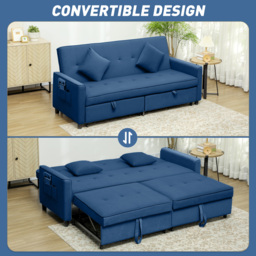 HOMCOM Three-Person Velvet-Feel Sofa Bed - Blue - thumbnail 4