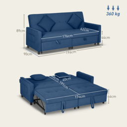 HOMCOM Three-Person Velvet-Feel Sofa Bed - Blue - thumbnail 3