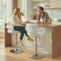 HOMCOM Bar Stools Adjustable Swivel Kitchen Chairs with Backrest Armrest Set of 2 PU Leather White - thumbnail 2