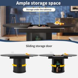 Extendable Dining Table with Curved Sliding Doors and 2 Shelves, Space-Saving Kichen Table for 6 People, 118L x 118W x 76H cm, Black - Aosom UK - thumbnail 4