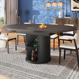 Extendable Dining Table with Curved Sliding Doors and 2 Shelves, Space-Saving Kichen Table for 6 People, 118L x 118W x 76H cm, Black - Aosom UK - thumbnail 8