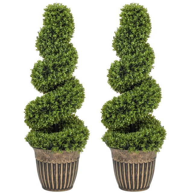 HOMCOM Set of 2 Artificial Plants, Topiary Spiral Boxwood Trees with Pot, for Home Indoor Outdoor Decor, 90cm - image 1