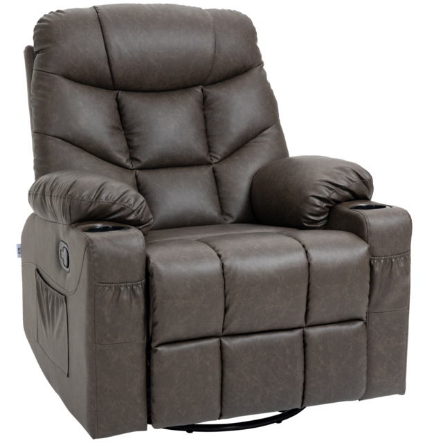 HOMCOM Single Leather Reclining Chair, Manual Recliner Armchair with Faux Leather, Footrest, Cup Holders, 86x93x102cm, Brown - Aosom UK - image 1