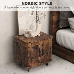 HOMCOM Bedside Table, Nordic Side Table with Roller Shutter Style Sliding Doors and Metal Legs for Bedroom, Living Room, Rustic Brown - thumbnail 4