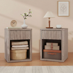 HOMCOM Modern Bedside Table Set of 2, Bedside Cabinet with Drawer and Open Shelf, Side End Table, Nightstand for Bedroom, Oak - thumbnail 2