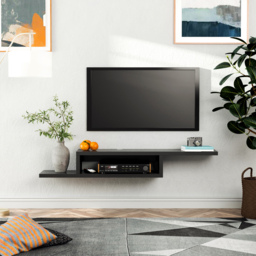 HOMCOM Wall Mounted Media Console, Floating TV Stand Component Shelf, Entertainment Center Unit, Black - Aosom UK - thumbnail 2