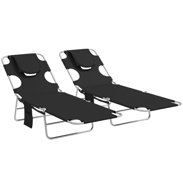 Outsunny 5-Position Adjustable Sun Loungers Set of 2 with Reading Hole and Side Pocket, Black - image 1