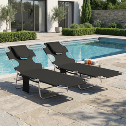 Outsunny 5-Position Adjustable Sun Loungers Set of 2 with Reading Hole and Side Pocket, Black - thumbnail 9