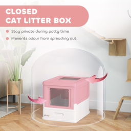 PawHut Hooded Cat Litter Box, Portable Pet Toilet, with Scoop, Front Entry - Pink - thumbnail 6
