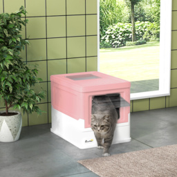 PawHut Hooded Cat Litter Box, Portable Pet Toilet, with Scoop, Front Entry - Pink - thumbnail 2