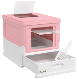 PawHut Hooded Cat Litter Box, Portable Pet Toilet, with Scoop, Front Entry - Pink - thumbnail 1