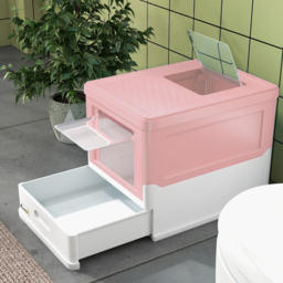 PawHut Hooded Cat Litter Box, Portable Pet Toilet, with Scoop, Front Entry - Pink - thumbnail 8