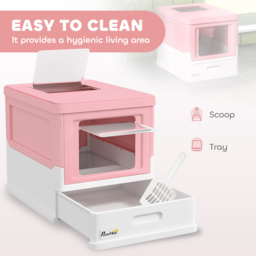 PawHut Hooded Cat Litter Box, Portable Pet Toilet, with Scoop, Front Entry - Pink - thumbnail 4