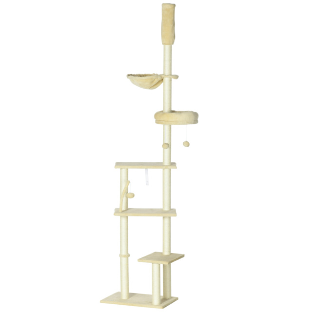 PawHut Cat Tree Floor to Ceiling, 6-Tier Play Tower with Scratching Post, Platforms, Adjustable Height, Beige - image 1
