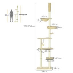 PawHut Cat Tree Floor to Ceiling, 6-Tier Play Tower with Scratching Post, Platforms, Adjustable Height, Beige - thumbnail 3