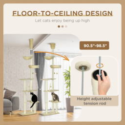PawHut Cat Tree Floor to Ceiling, 6-Tier Play Tower with Scratching Post, Platforms, Adjustable Height, Beige - thumbnail 5