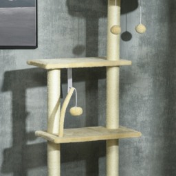 PawHut Cat Tree Floor to Ceiling, 6-Tier Play Tower with Scratching Post, Platforms, Adjustable Height, Beige - thumbnail 9