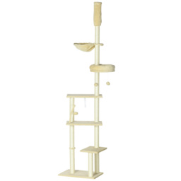 PawHut Cat Tree Floor to Ceiling, 6-Tier Play Tower with Scratching Post, Platforms, Adjustable Height, Beige - thumbnail 1