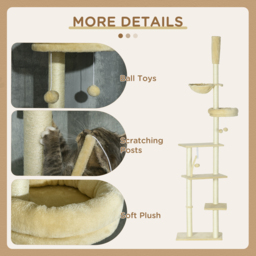 PawHut Cat Tree Floor to Ceiling, 6-Tier Play Tower with Scratching Post, Platforms, Adjustable Height, Beige - thumbnail 6