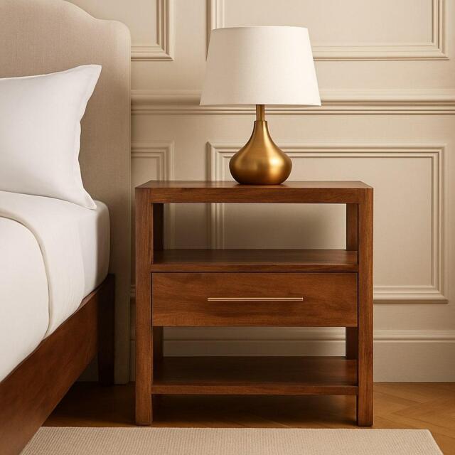 Caldera Solid Mango Wood Bedside Table with Drawer and Shelf, Bedside Cabinet with Hand-finished Design, 35L x 55W x 55H cm, Brown - Aosom UK - image 1