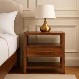 Caldera Solid Mango Wood Bedside Table with Drawer and Shelf, Bedside Cabinet with Hand-finished Design, 35L x 55W x 55H cm, Brown - Aosom UK - thumbnail 1