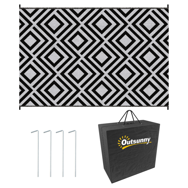 Outsunny Reversible Outdoor Mat, Plastic Straw Rug with Carry Bag & Ground Stakes, Black and White Rhombus, 182x274cm - Aosom UK - image 1