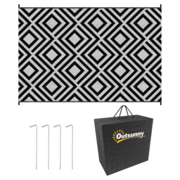 Outsunny Reversible Outdoor Mat, Plastic Straw Rug with Carry Bag & Ground Stakes, Black and White Rhombus, 182x274cm - Aosom UK - thumbnail 1
