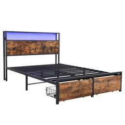 Metal Double Bed with LED Light Strip, 4 Drawers, 3 USB Ports, Metal Bed Frame Double with Storage Space for Home and Bedroom Furniture, 207.5x135x105 cm, Black + Dark Walnut - Aosom UK - thumbnail 2