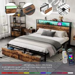 Metal Double Bed with LED Light Strip, 4 Drawers, 3 USB Ports, Metal Bed Frame Double with Storage Space for Home and Bedroom Furniture, 207.5x135x105 cm, Black + Dark Walnut - Aosom UK - thumbnail 4