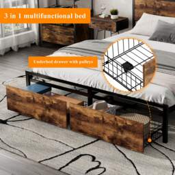 Metal Double Bed with LED Light Strip, 4 Drawers, 3 USB Ports, Metal Bed Frame Double with Storage Space for Home and Bedroom Furniture, 207.5x135x105 cm, Black + Dark Walnut - Aosom UK - thumbnail 8