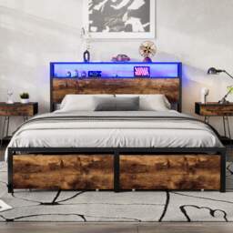 Metal Double Bed with LED Light Strip, 4 Drawers, 3 USB Ports, Metal Bed Frame Double with Storage Space for Home and Bedroom Furniture, 207.5x135x105 cm, Black + Dark Walnut - Aosom UK - thumbnail 9