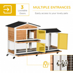 PawHut Two-Tier Wooden Rabbit Hutch Mobile Guinea Pig Cage Bunny Run w/ Wheels, Run, Slide-Out Tray, Ramp - Aosom UK - thumbnail 6