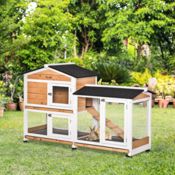 PawHut Two-Tier Wooden Rabbit Hutch Mobile Guinea Pig Cage Bunny Run w/ Wheels, Run, Slide-Out Tray, Ramp - Aosom UK - thumbnail 2