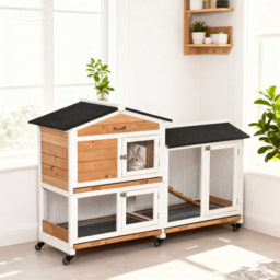PawHut Two-Tier Wooden Rabbit Hutch Mobile Guinea Pig Cage Bunny Run w/ Wheels, Run, Slide-Out Tray, Ramp - Aosom UK - thumbnail 9