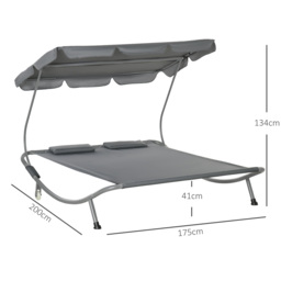 Outsunny Patio Double Hammock Sun Lounger Bed w/ Canopy Shelter, Wheels & 2 Pillows, Grey - thumbnail 3